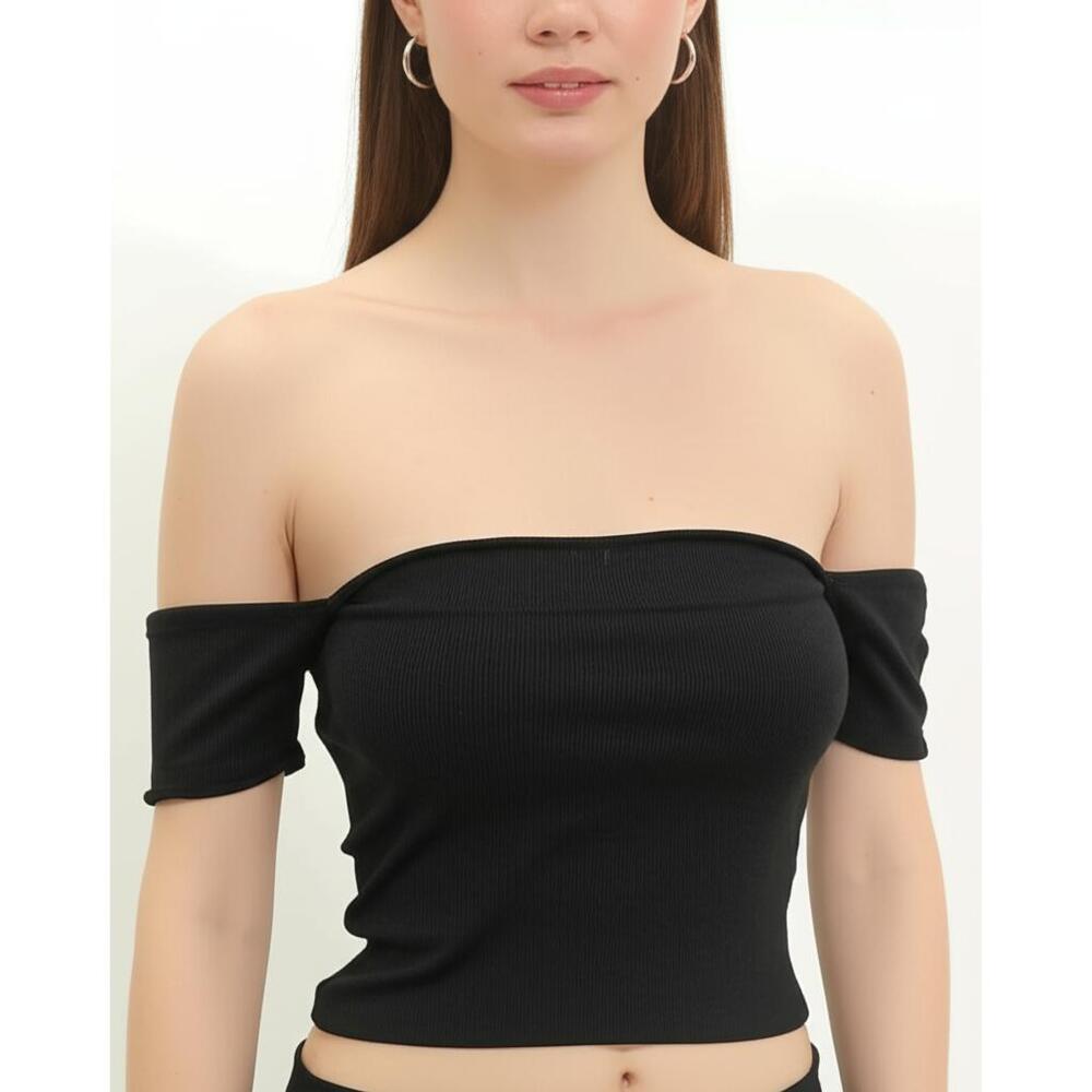 NEW Abercrombie & Fitch Soft AF Black Ribbed Knit Short Sleeve Crop Top Size S